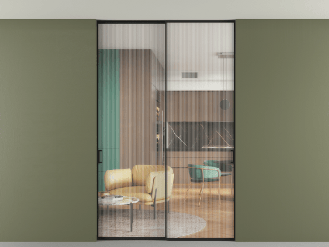 Перегородка Формато внутри проёма скрытое крепление в потолок 2 створки АЛПР 040.01 Алюминий Черный Рифлёное стекло "Мору", триплекс Цена 1656970 AMD | Volhovec