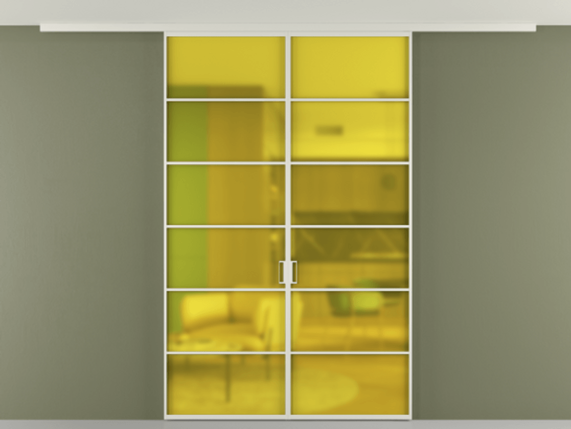 Перегородка Формато вдоль стены на потолок 2 створки АЛПР 040.04 Алюминий Белый Сатинированное жёлтое стекло, триплекс Цена 1293400 AMD | Volhovec