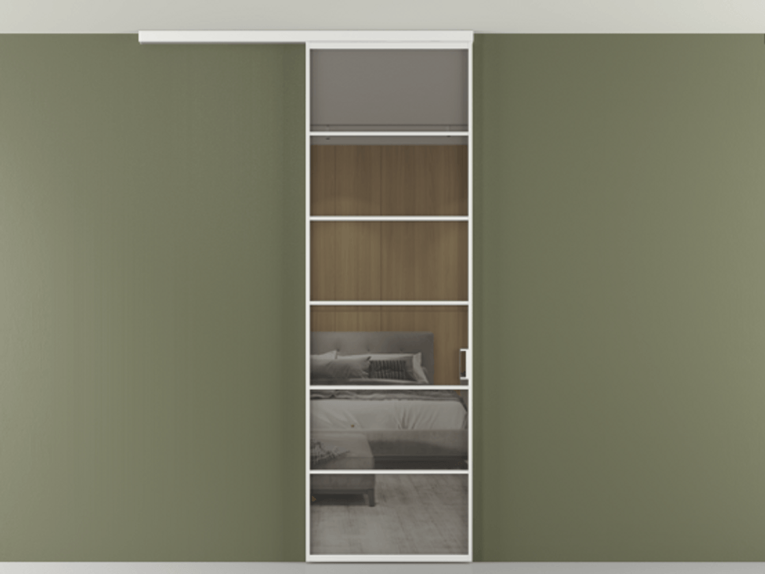 Перегородка Формато вдоль стены на потолок 1 створка АЛПР 040.04 Алюминий белоснежный Рефлективное серое стекло "Стопсол", калёное Цена 770520 AMD | Volhovec