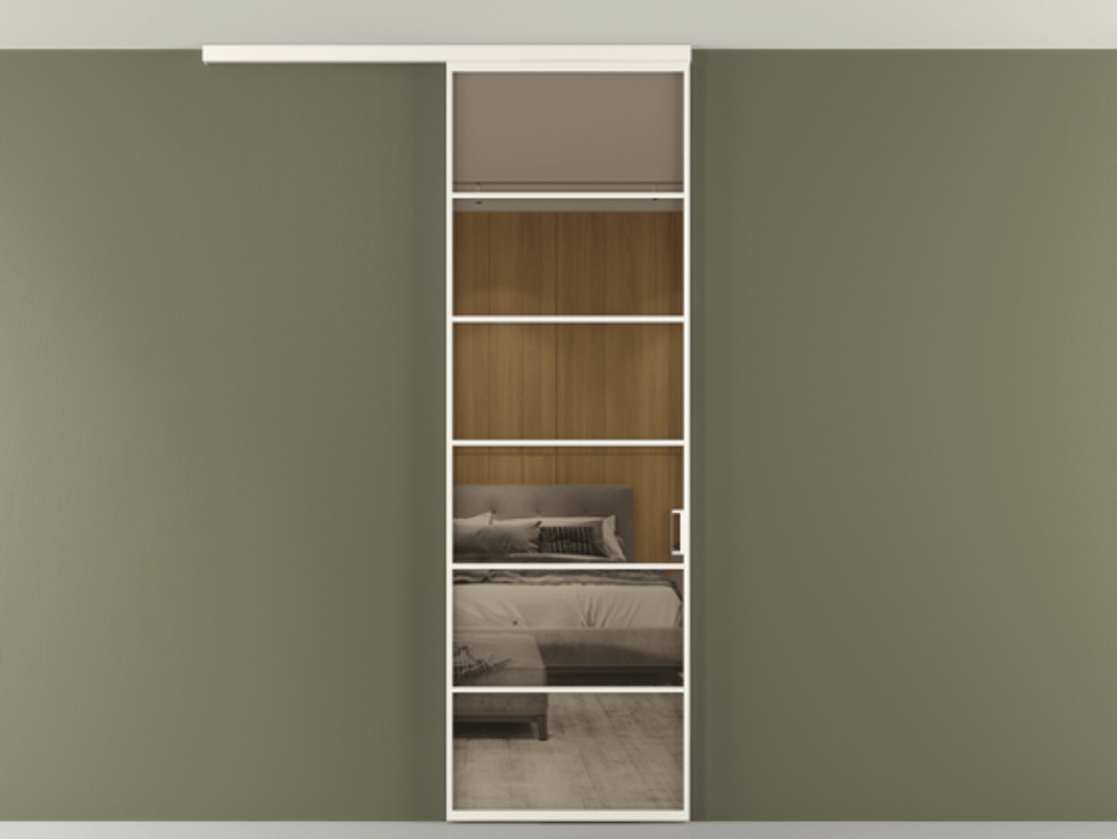 Перегородка Формато вдоль стены на потолок 1 створка АЛПР 040.04 Алюминий пудровый белый Рефлективное бронзовое стекло "Стопсол", калёное Цена 904300 AMD | Volhovec