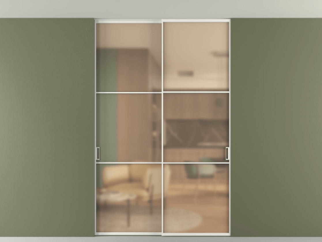 Перегородка Формато внутри проёма скрытое крепление в потолок 2 створки АЛПР 040.03 Алюминий светло-серый Сатинированное оранжевое стекло, триплекс Цена 1674000 AMD | Volhovec