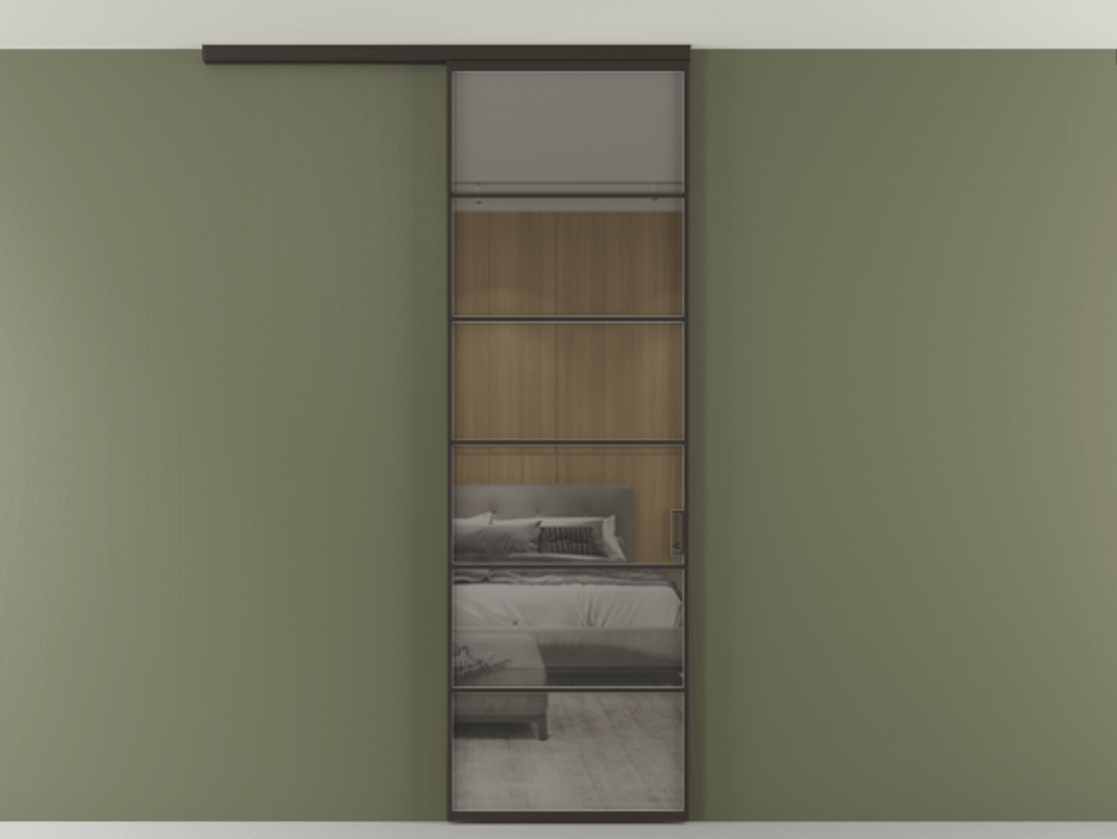 Перегородка Формато вдоль стены на потолок 1 створка АЛПР 040.04 Алюминий антрацит Рефлективное серое стекло "Стопсол", калёное Цена 770520 AMD | Volhovec