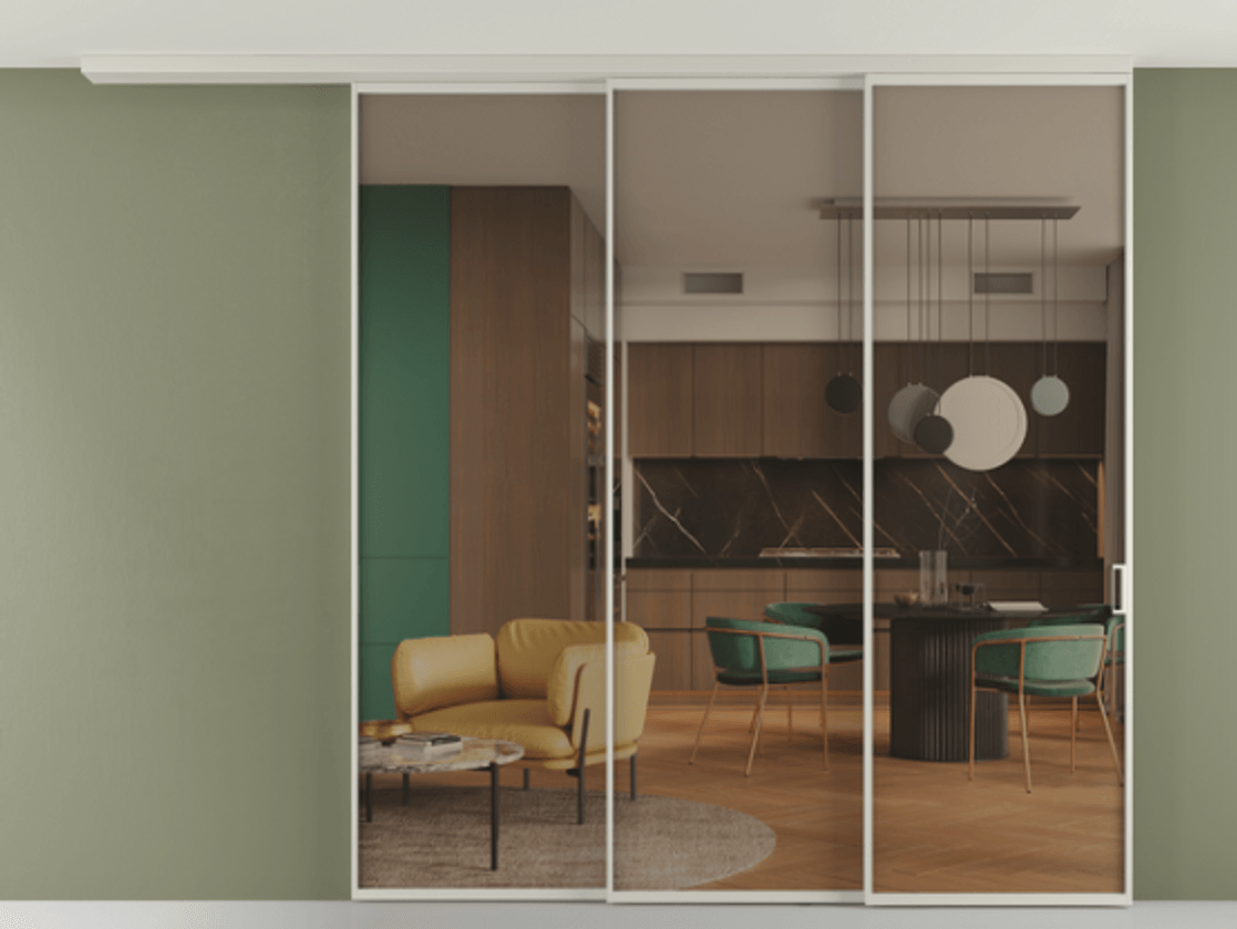 Перегородка Формато вдоль стены на потолок 3 створки с синхронным механизмом АЛПР 040.01 Алюминий тёплый серый Прозрачное бронзовое стекло, триплекс. Цена 2576940 AMD 1. Полотно 2 шт. (800/2100 мм)
2. Комплект установки раздвижной системы
3. Базовый комплект фурнитуры
4.Ручка Рондо. Фабрика дверей Волховец 8 (800) 551 43 19 Перегородка Формато вдоль стены на потолок 3 створки с синхронным механизмом АЛПР 040.01 Алюминий тёплый серый Прозрачное бронзовое стекло, триплекс Цена 2576940 AMD | Volhovec