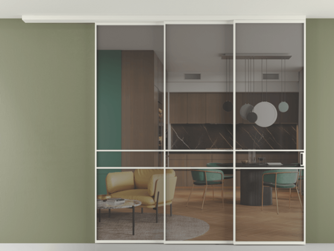 Перегородка Formato вдоль стены на потолок телескопик синхро 3 АЛПР 040.02 Алюминий Белый Прозрачное серое стекло, триплекс, 6 мм Цена 2699080 AMD | Volhovec