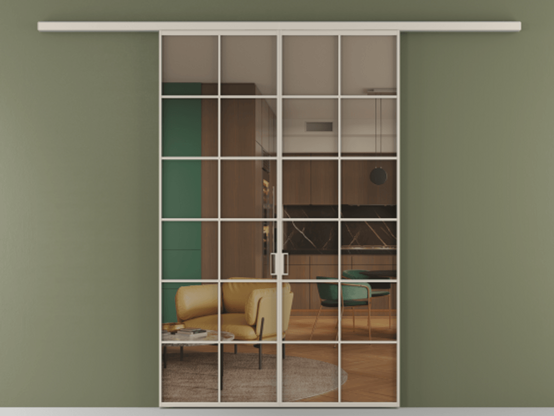 Перегородка Формато вдоль стены 2 створки АЛПР 040.05 Алюминий светло-бежевый Прозрачное бронзовое стекло, триплекс Цена 1397020 AMD | Volhovec