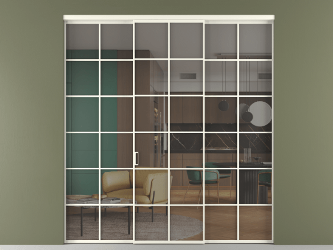 Перегородка Формато внутри проёма 3 створки АЛПР 040.05 Алюминий жемчужный Прозрачное серое стекло, триплекс Цена 1718540 AMD | Volhovec