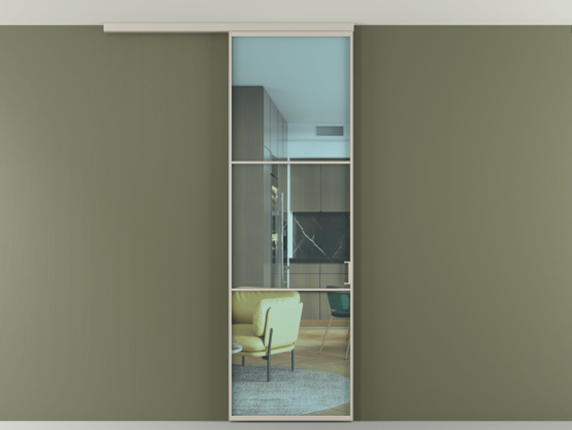 Перегородка Формато вдоль стены на потолок 1 створка АЛПР 040.03 Алюминий светло-бежевый Прозрачное голубое стекло, триплекс Цена 653200 AMD | Volhovec