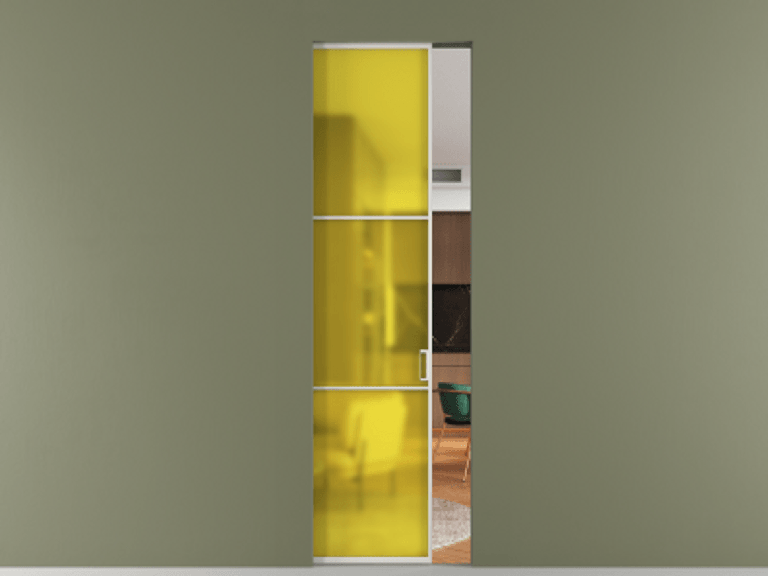 Перегородка Formato скрытый пенал 1 створка АЛПР 040.03 Алюминий Белый Сатинированное жёлтое стекло, триплекс Цена 1028500 AMD | Volhovec