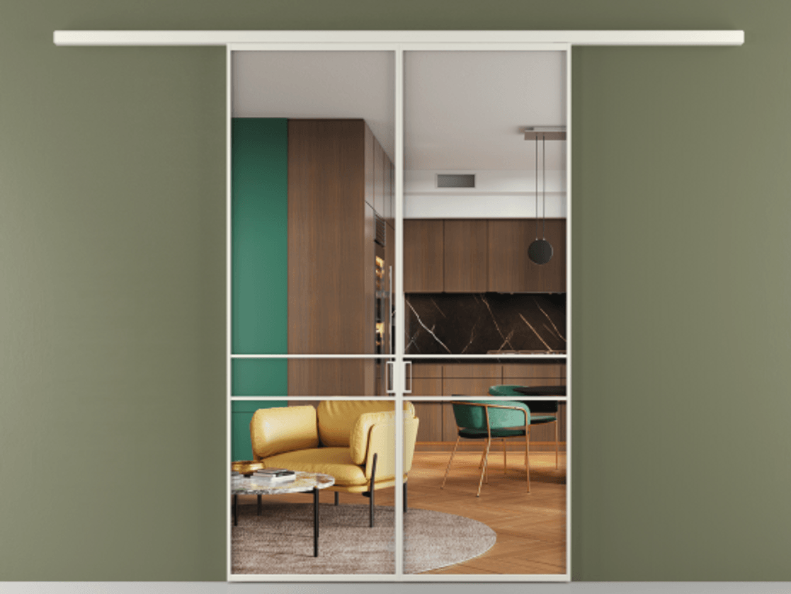 Перегородка Formato вдоль стены двустворчатая АЛПР 040.02 Алюминий Белый Прозрачное стекло "Crystal Vision", калёное, 6 мм Цена 1529540 AMD | Volhovec