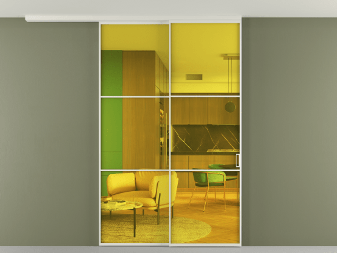 Перегородка Formato вдоль стены на потолок 2 створки с синхронным механизмом АЛПР 040.03 Алюминий Белый Прозрачное жёлтое стекло, триплекс Цена 1784700 AMD | Volhovec