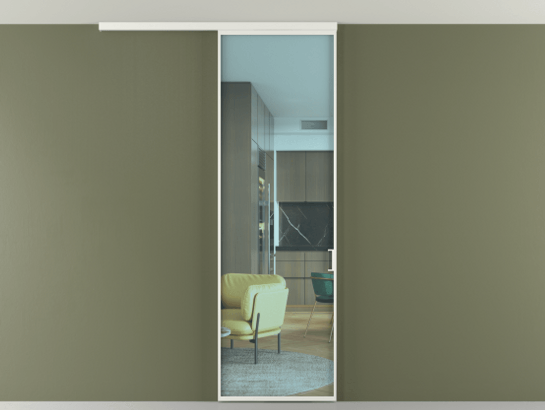 Перегородка Формато вдоль стены на потолок 1 створка АЛПР 040.01 Алюминий светло-серый Прозрачное голубое стекло, триплекс Цена 623200 AMD | Volhovec