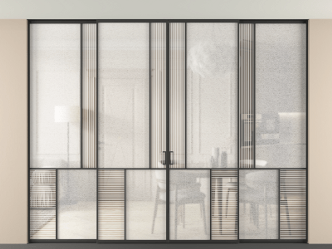 Перегородка Mosaic внутри проёма четырёхстворчатая со скрытым креплением в потолок АЛПР 041.20 Алюминий Черный Рифлёное стекло "Дюна", триплекс, 6 мм + Фактурное стекло "Лёд", триплекс Цена 4087810 AMD | Volhovec