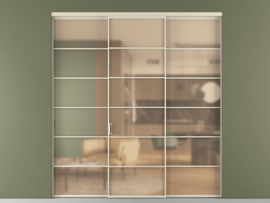 Перегородка Формато внутри проёма 3 створки АЛПР 040.04 Алюминий бежево-серый Сатинированное оранжевое стекло, триплекс Цена 1802400 AMD | Volhovec