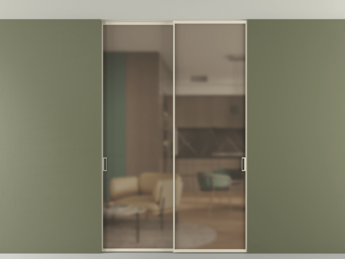 Перегородка Формато внутри проёма скрытое крепление в потолок 2 створки АЛПР 040.01 Алюминий бежево-серый Сатинированное бронзовое стекло, триплекс Цена 1613870 AMD | Volhovec