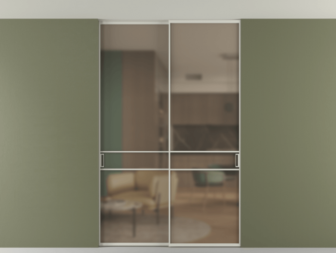 Перегородка Формато внутри проёма скрытое крепление в потолок 2 створки АЛПР 040.02 Алюминий тёплый серый Сатинированное бронзовое стекло, триплекс Цена 1673960 AMD | Volhovec