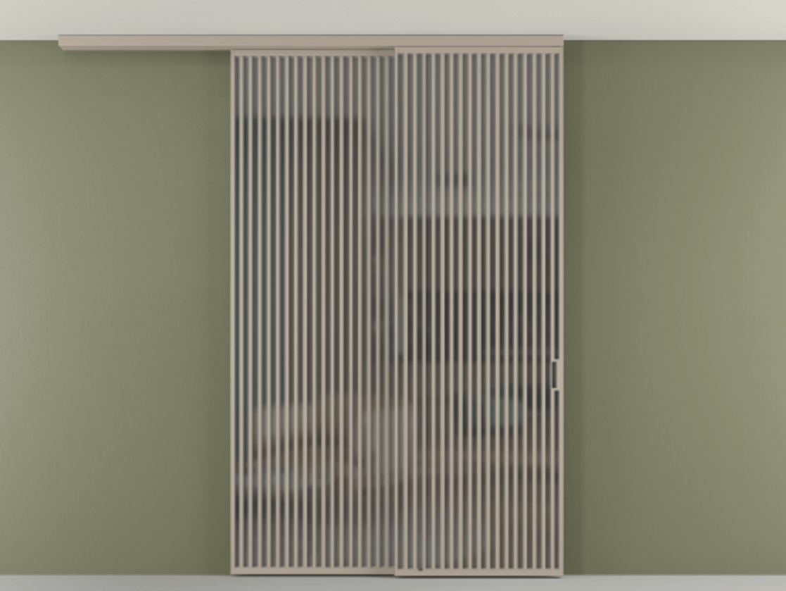 Перегородка Формато вдоль стены на потолок 2 створки с синхронным механизмом АЛПР 040.06 Алюминий бисквитный Сатинированное серое стекло, триплекс Цена 3037880 AMD | Volhovec