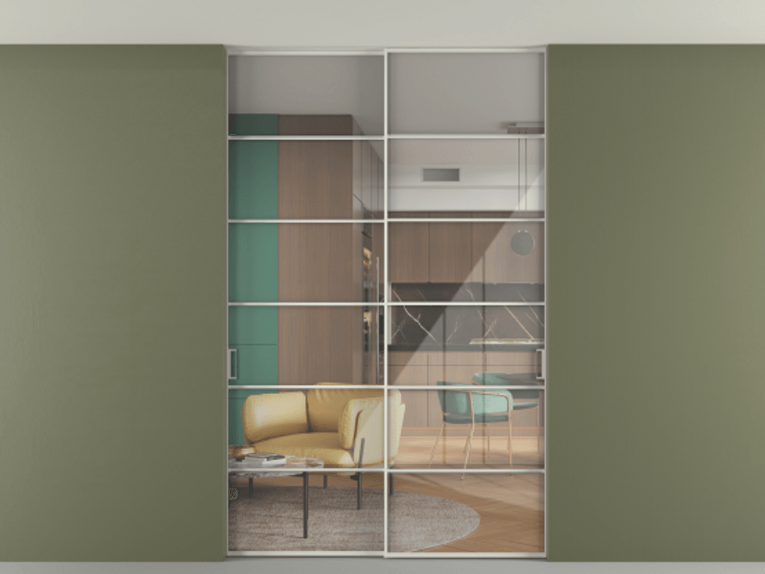 Перегородка Формато внутри проёма скрытое крепление в потолок 2 створки АЛПР 040.04 Алюминий Белый Рефлективное прозрачное стекло "Стопсол", калёное Цена 2116810 AMD | Volhovec