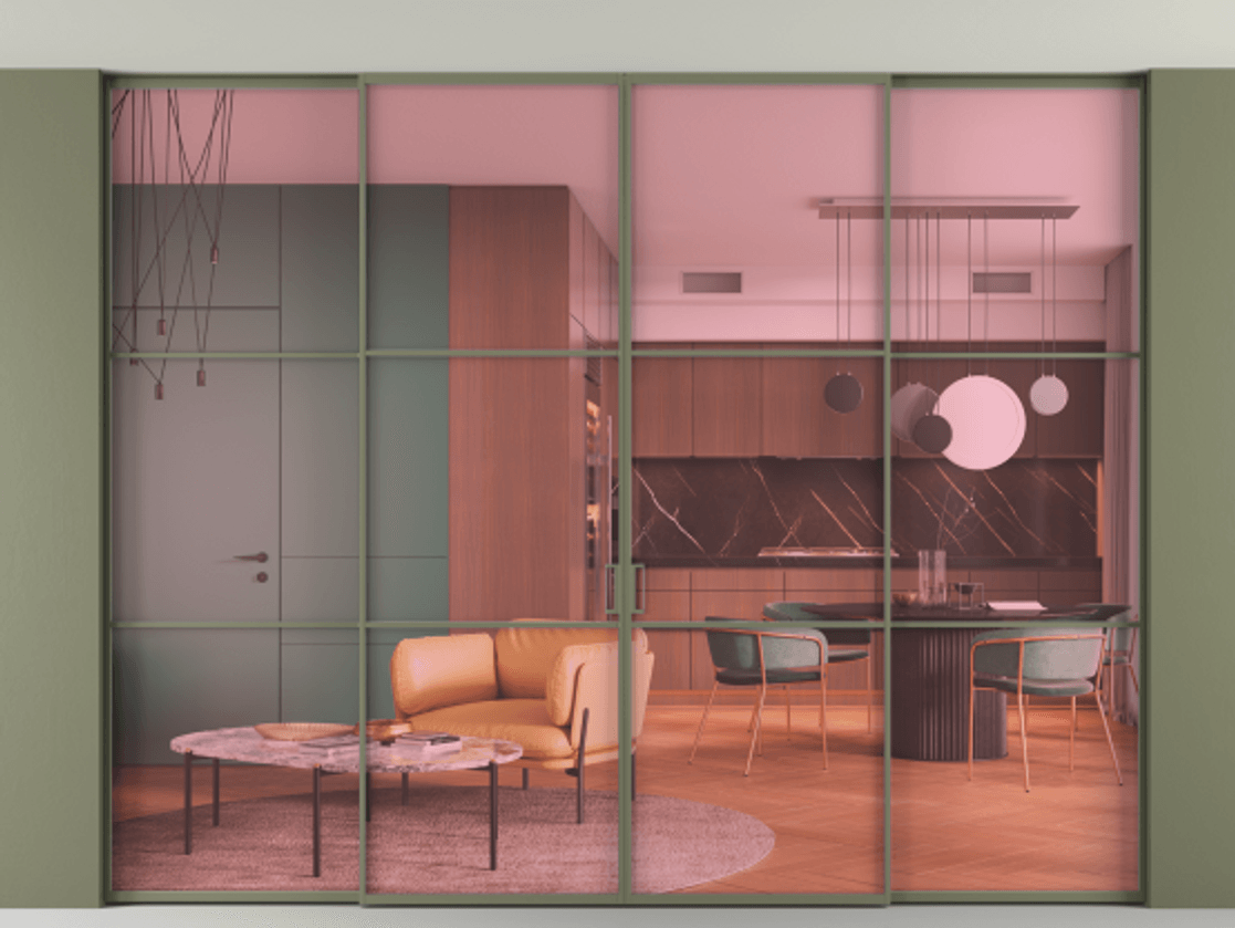 Перегородка Formato внутри проёма скрытое крепление в потолок 4 створки АЛПР 040.03 Алюминий оливковый тёмный Прозрачное розовое стекло, триплекс Цена 23800 AZE | Volhovec