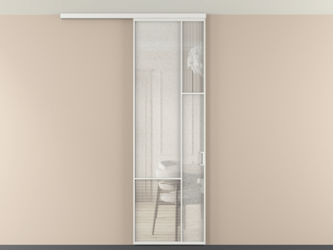 Перегородка Mosaic вдоль стены на потолок 1 створка АЛПР 041.12 Алюминий белоснежный Рифлёное стекло "Дюна", триплекс, 6 мм + Фактурное стекло "Лёд", триплекс Цена 964660 AMD | Volhovec