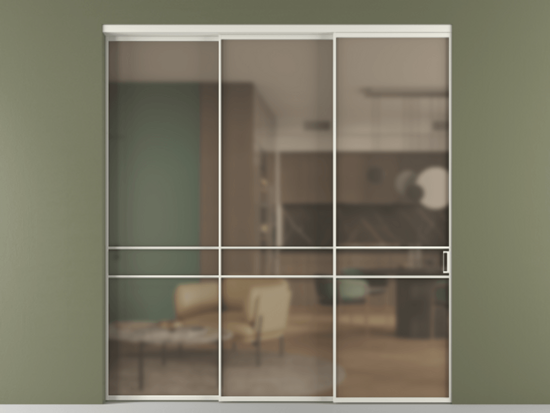 Перегородка Formato внутри проёма телескопик синхро 2 АЛПР 040.02 Алюминий Белый Сатинированное бронзовое стекло, триплекс Цена 328600 ₽  | Volhovec