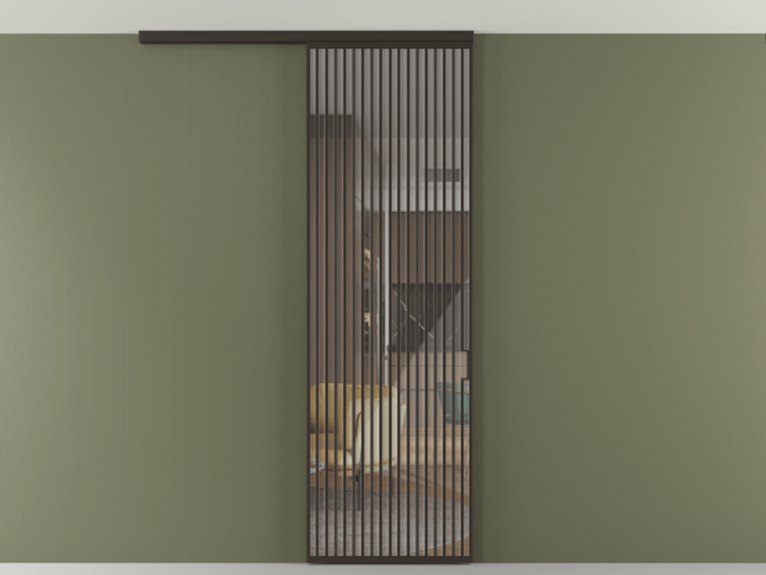 Перегородка Формато вдоль стены на потолок 1 створка АЛПР 040.06 Алюминий антрацит Рефлективное прозрачное стекло "Стопсол", калёное Цена 1305830 AMD | Volhovec