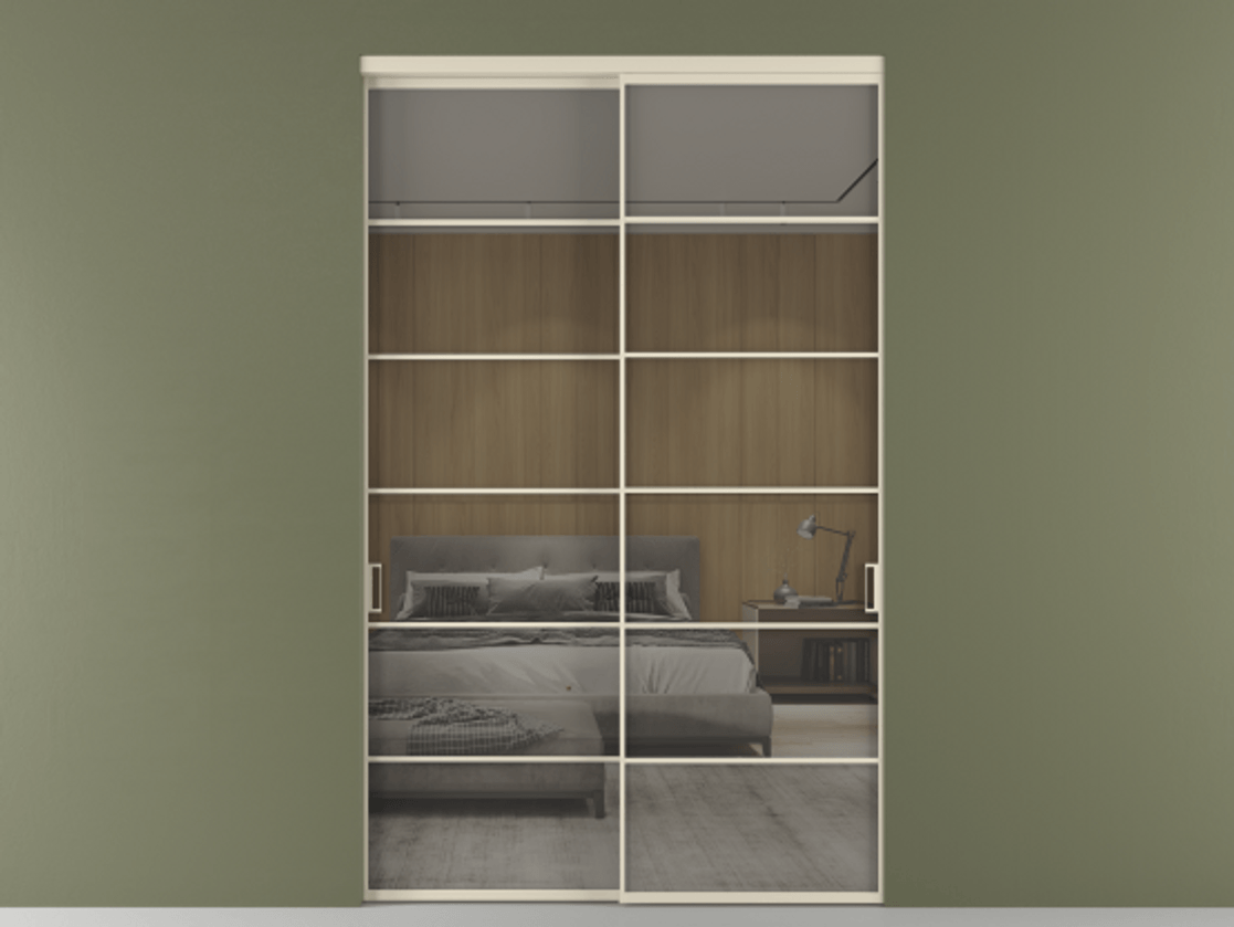 Перегородка Formato внутри проёма 2 створки АЛПР 040.04 Алюминий бежево-серый Рефлективное серое стекло "Stopsol", калёное Цена 3330860 AMD  | Volhovec