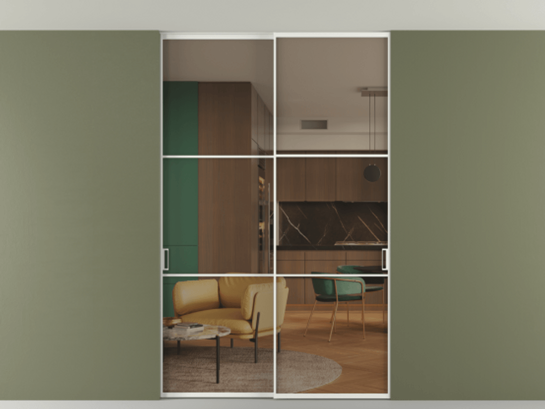 Перегородка Формато внутри проёма скрытое крепление в потолок 2 створки АЛПР 040.03 Алюминий светло-серый Прозрачное бронзовое стекло, триплекс Цена 1673960 AMD | Volhovec