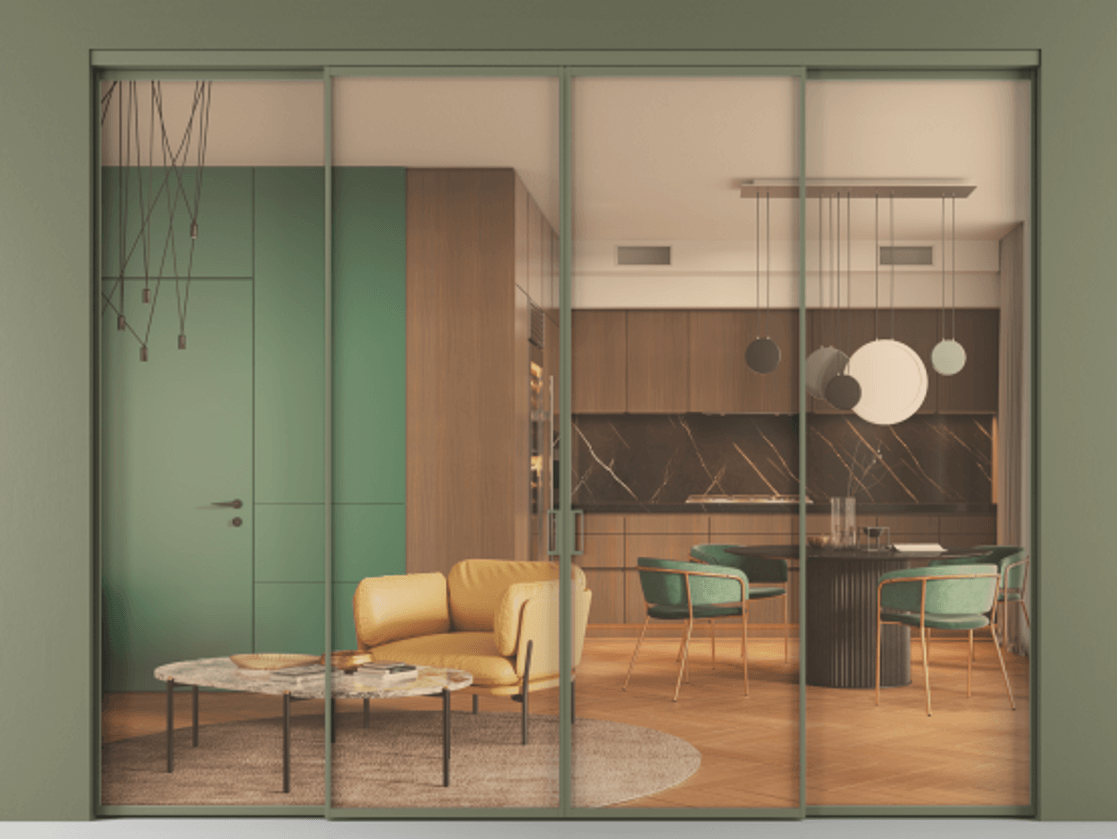 Перегородка Формато внутри проёма 4 створки АЛПР 040.01 Алюминий оливковый тёмный Прозрачное оранжевое стекло, триплекс Цена 16700 AZE  | Volhovec