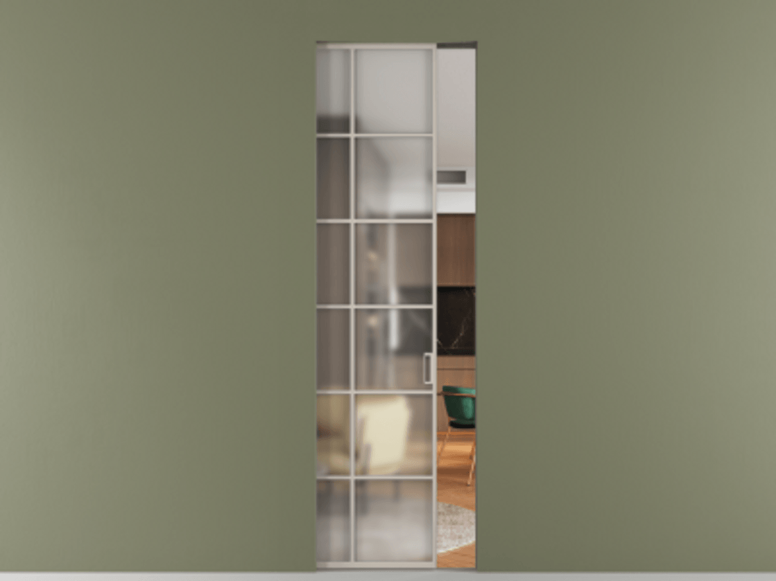 Перегородка Формато скрытый пенал 1 створка АЛПР 040.05 Алюминий светло-бежевый Сатинированное стекло "Мателюкс Кристал Вижн", калёное, матовое, каленое 6 мм Цена 1133130 AMD | Volhovec