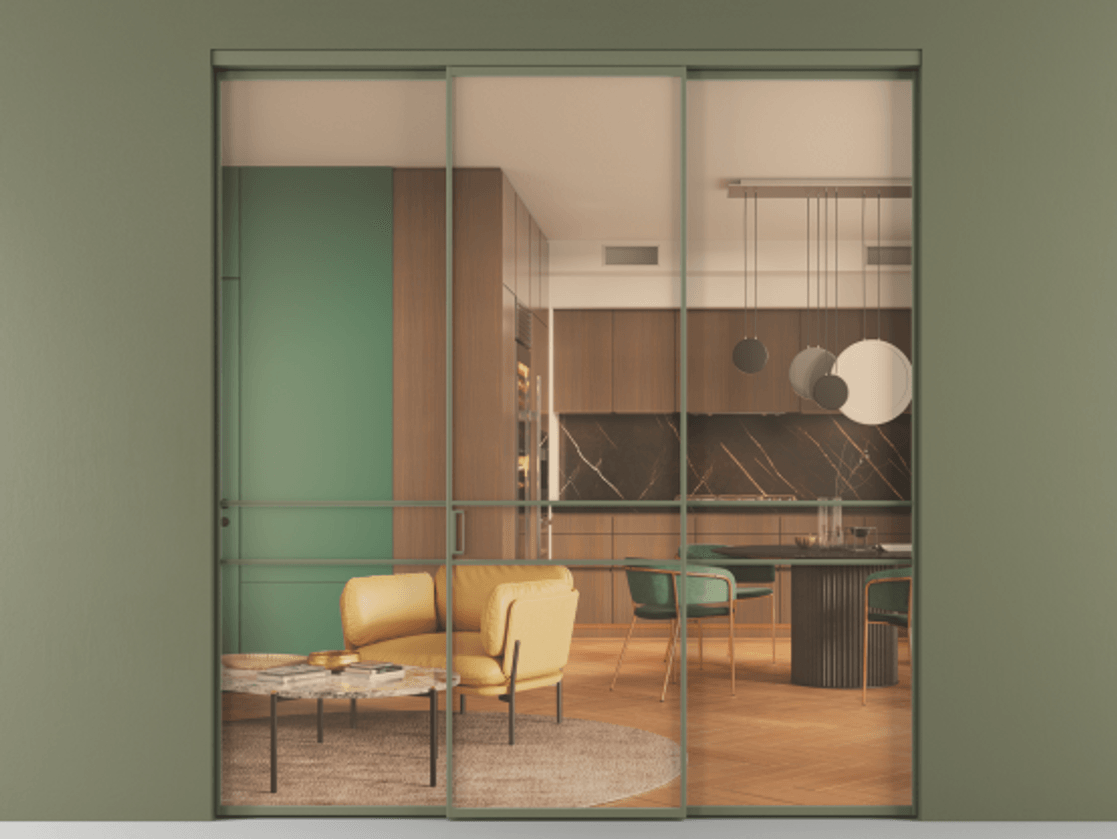 Перегородка Formato внутри проёма 3 створки АЛПР 040.02 Алюминий оливковый тёмный Прозрачное оранжевое стекло, триплекс Цена 1600200 AMD | Volhovec