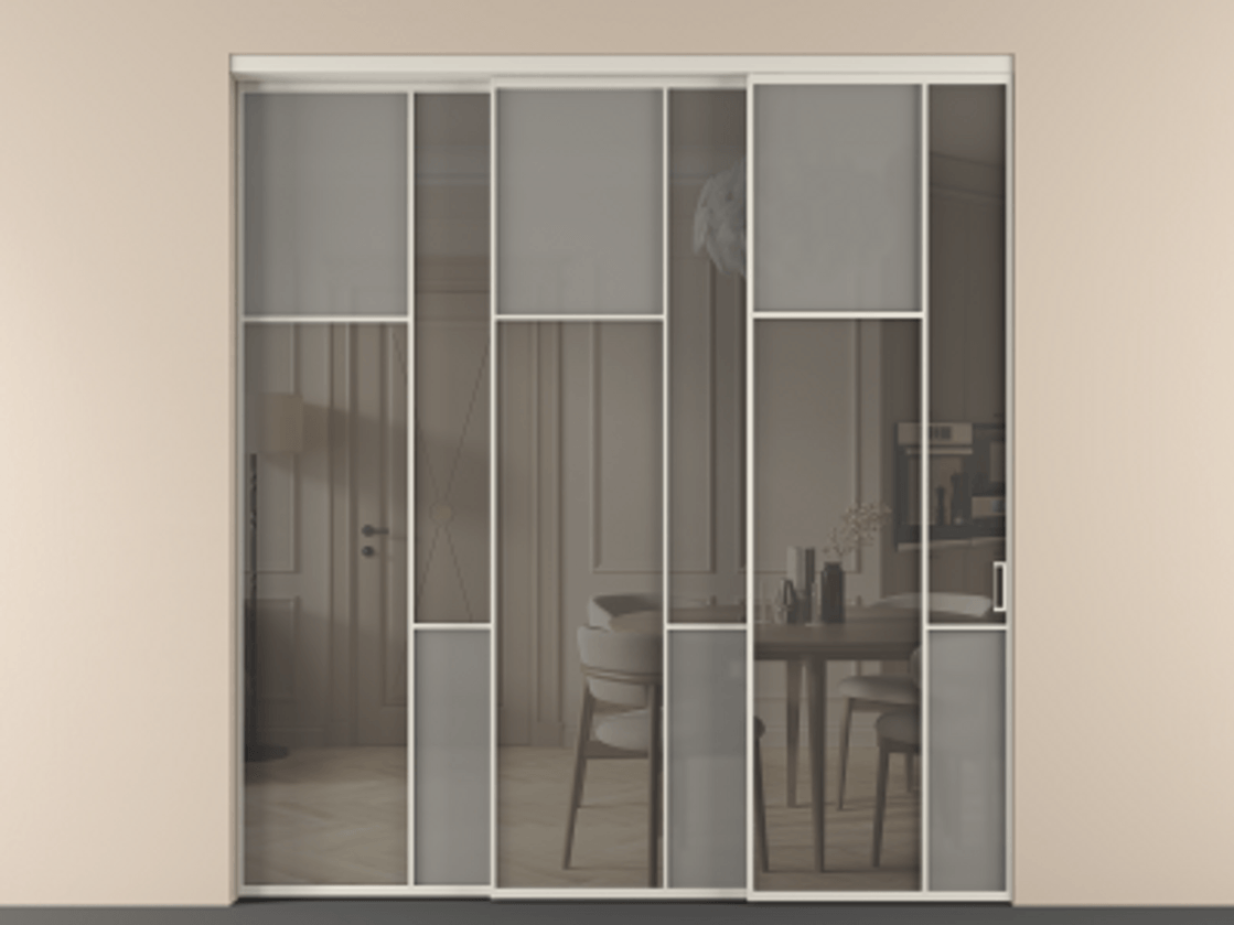 Перегородка Мозаик внутри проёма 3 створки с синхронным механизмом АЛПР 041.10 Алюминий облачно-серый Сатинированное серое стекло, триплекс, 6 мм + Прозрачное серое стекло, триплекс Цена 2949760 AMD | Volhovec