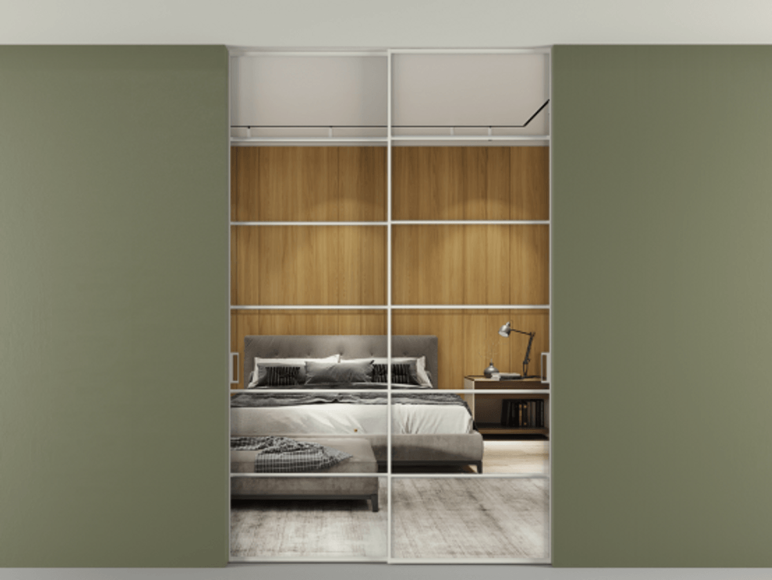 Перегородка Formato внутри проёма скрытое крепление в потолок 2 створки АЛПР 040.04 Алюминий Белый Двустороннее зеркало, триплекс , триплекс 6 мм Цена 263164 ₽ | Volhovec