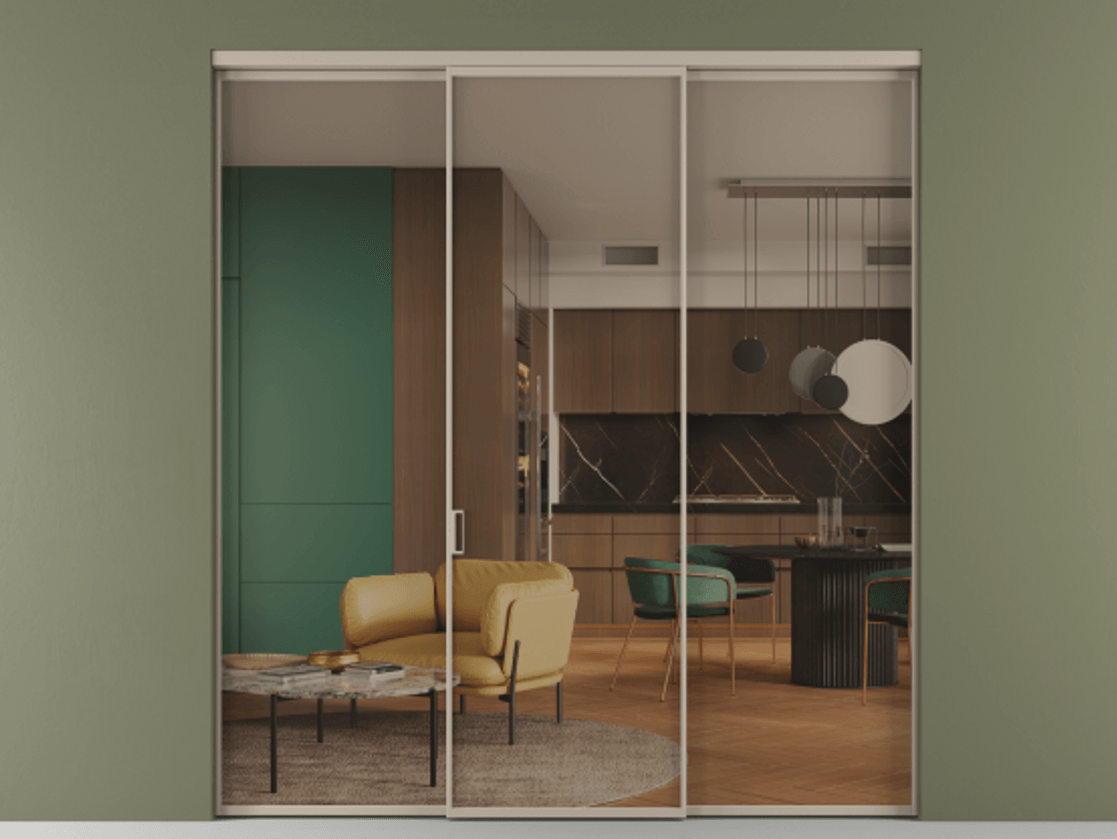 Перегородка Формато внутри проёма 3 створки АЛПР 040.01 Алюминий бисквитный Прозрачное бронзовое стекло, триплекс Цена 1518240 AMD | Volhovec