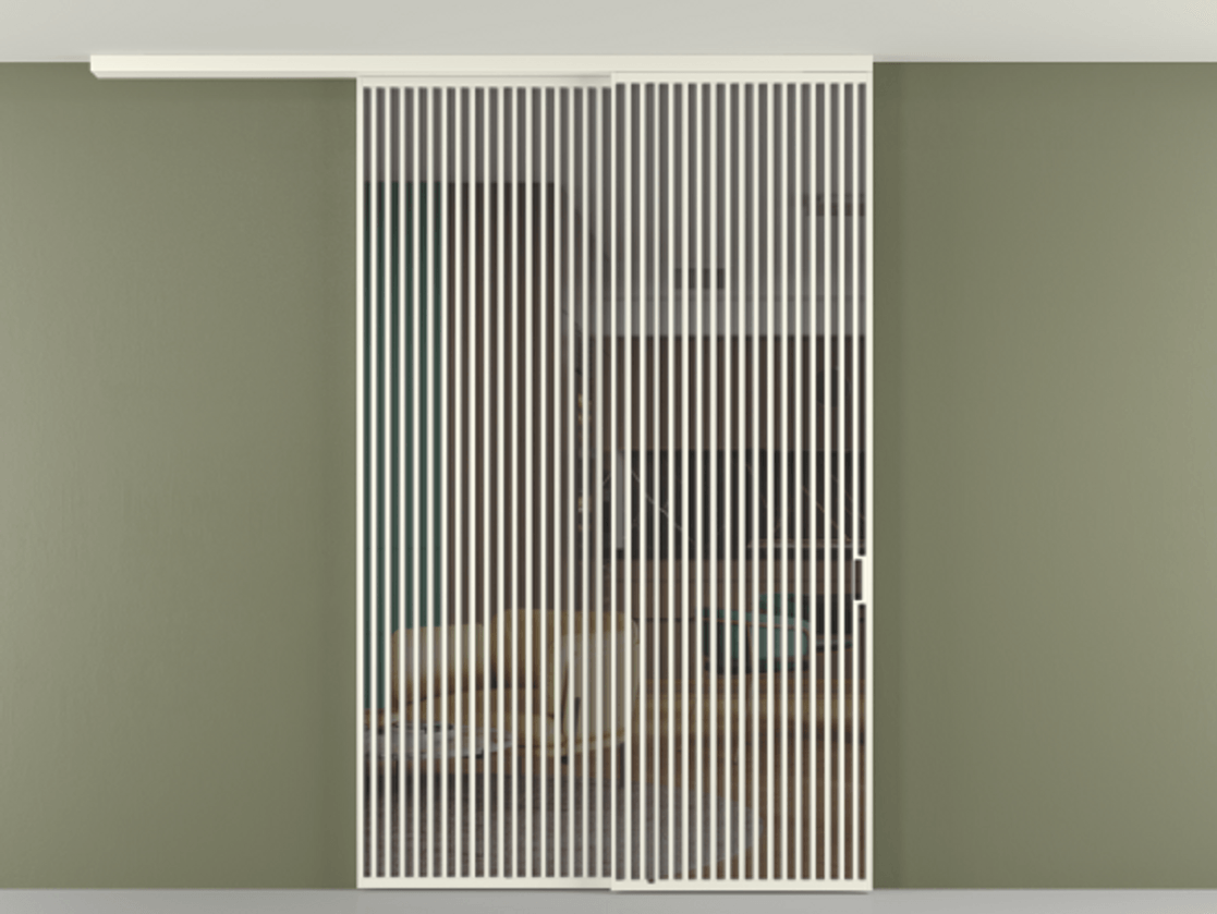 Перегородка Формато вдоль стены на потолок 2 створки с синхронным механизмом АЛПР 040.06 Алюминий жемчужный Прозрачное серое стекло, триплекс Цена 3037880 AMD | Volhovec