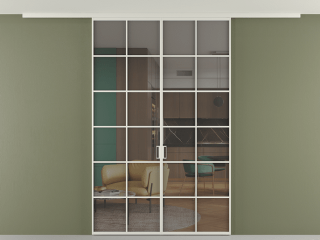 Перегородка Формато вдоль стены на потолок 2 створки АЛПР 040.05 Алюминий Белый Прозрачное серое стекло, триплекс Цена 235180 ₽ | Volhovec