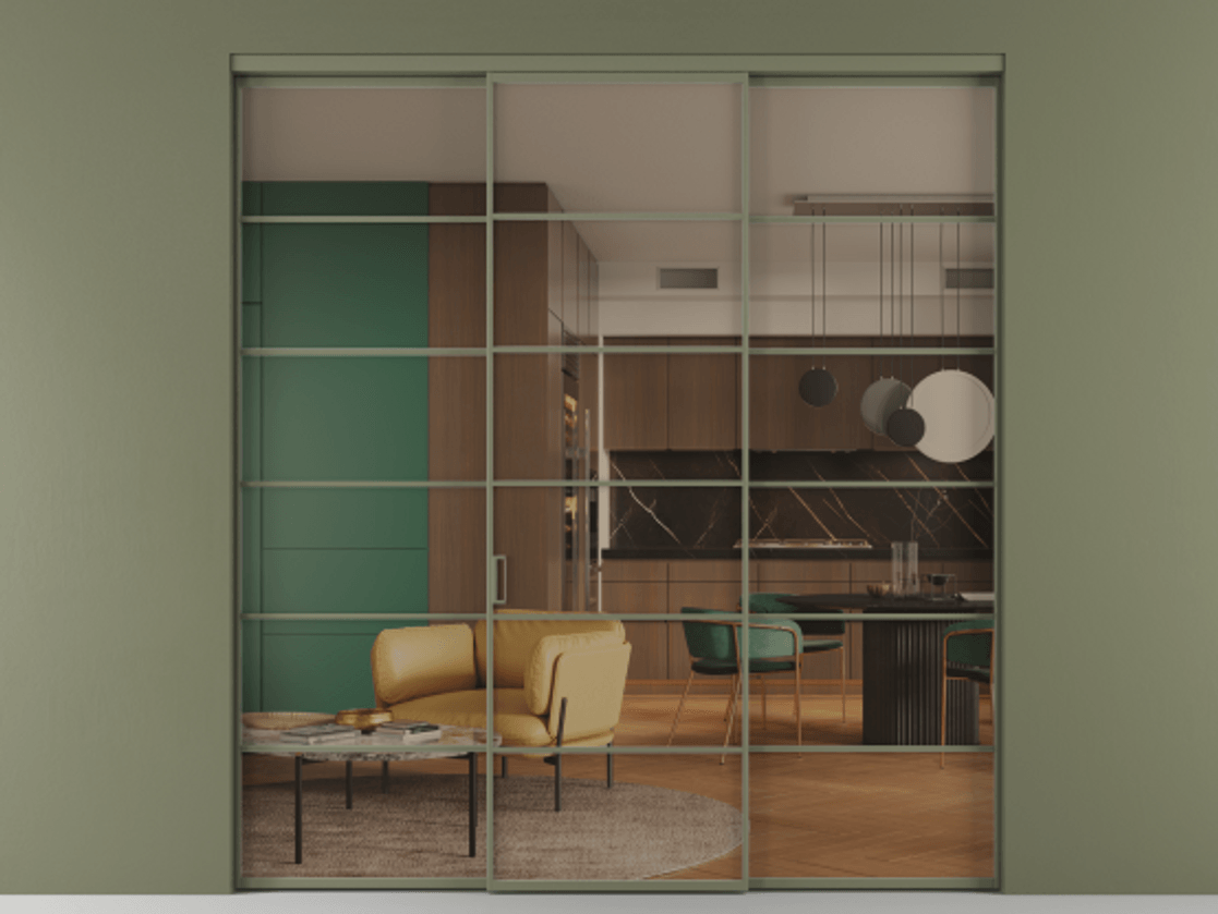 Перегородка Formato внутри проёма 3 створки АЛПР 040.04 Алюминий оливковый тёмный Прозрачное бронзовое стекло, триплекс Цена 1718540 AMD | Volhovec