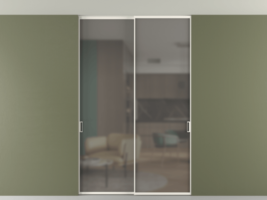 Перегородка Формато внутри проёма скрытое крепление в потолок 2 створки АЛПР 040.01 Алюминий пудровый белый Сатинированное серое стекло, триплекс Цена 239305 ₽ | Volhovec