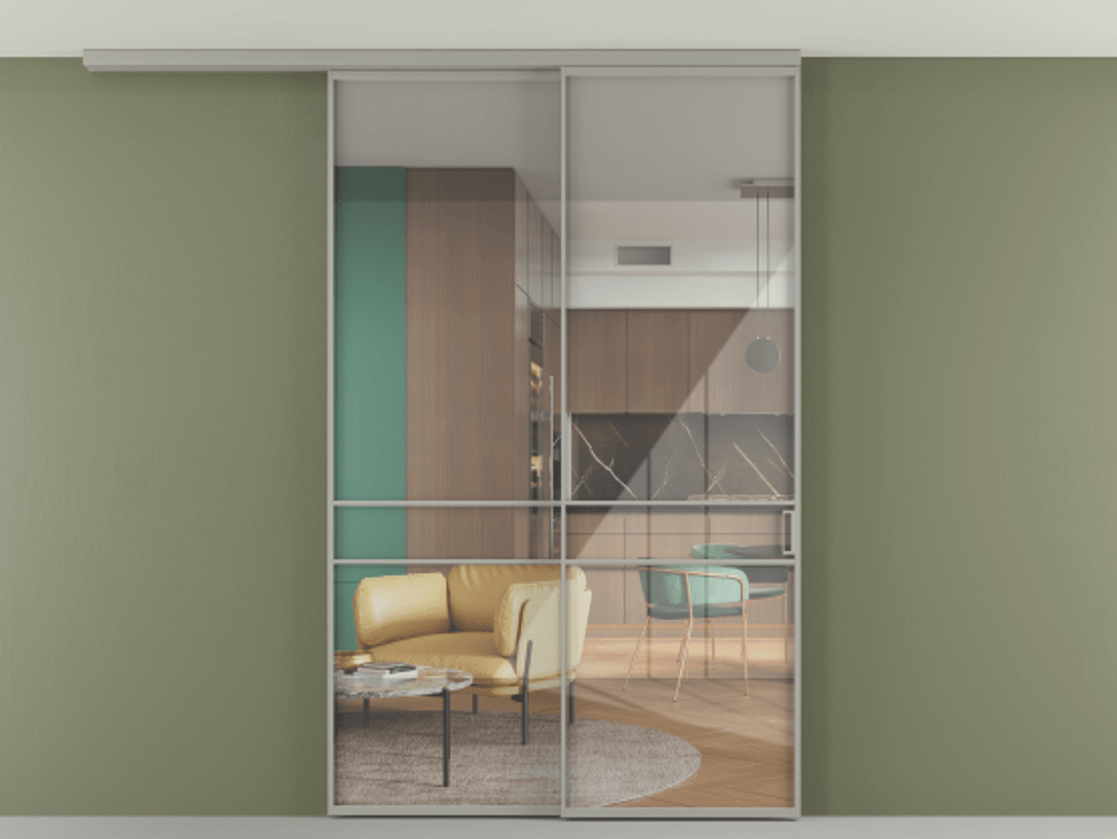 Перегородка Формато вдоль стены на потолок 2 створки с синхронным механизмом АЛПР 040.02 Алюминий нейтральный серый Рефлективное прозрачное стекло "Стопсол", калёное Цена 1960990 AMD | Volhovec