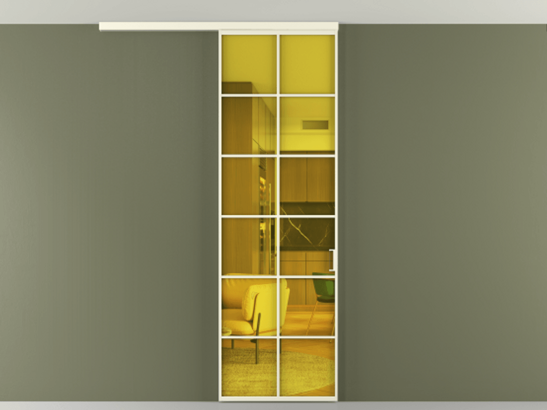 Перегородка Formato вдоль стены на потолок 1 створка АЛПР 040.05 Алюминий молочно-белый Прозрачное жёлтое стекло, триплекс Цена 727400 AMD | Volhovec