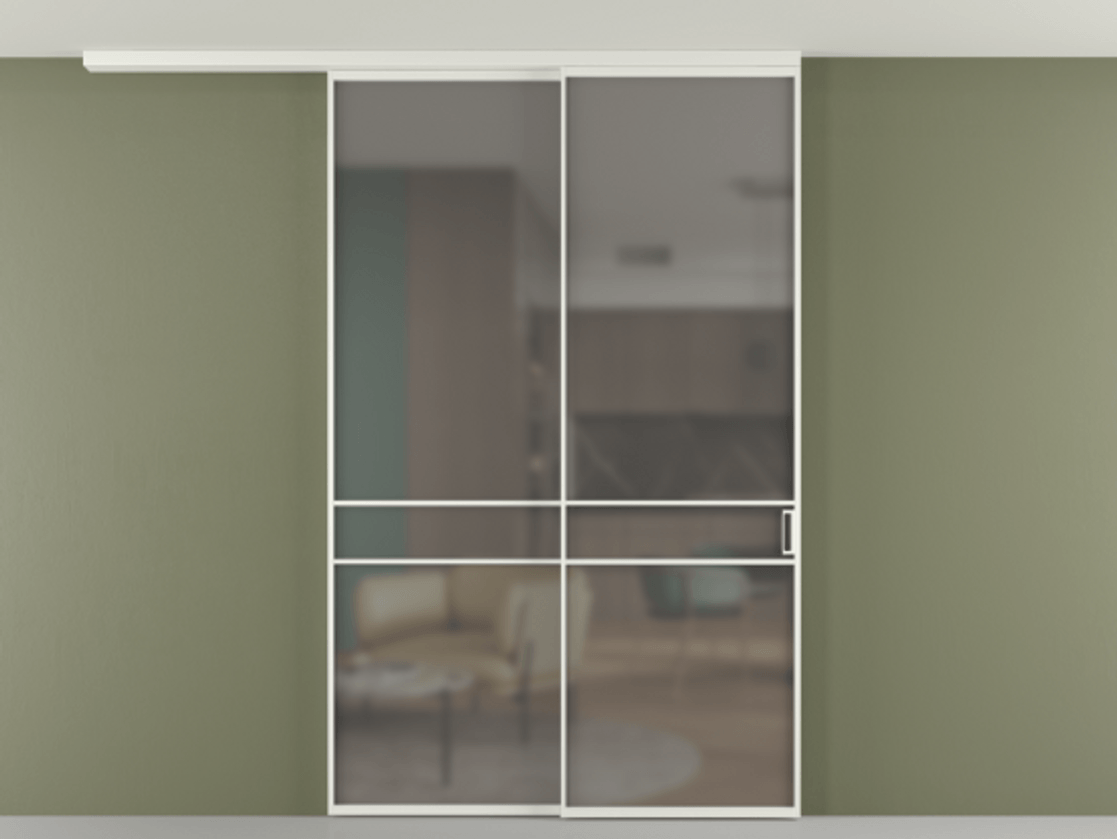 Перегородка Формато вдоль стены на потолок 2 створки с синхронным механизмом АЛПР 040.02 Алюминий светло-серый Сатинированное серое стекло, триплекс Цена 2097520 AMD | Volhovec