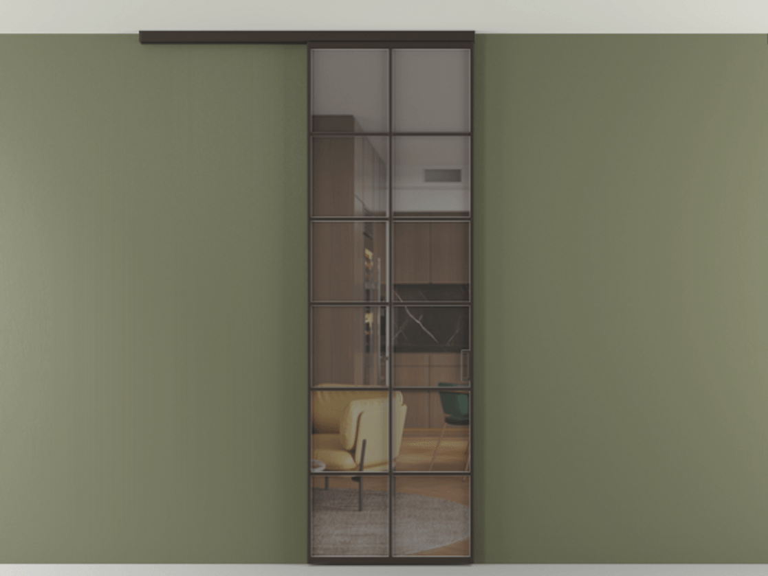 Перегородка Формато вдоль стены на потолок 1 створка АЛПР 040.05 Алюминий антрацит Прозрачное серое стекло, триплекс Цена 727350 AMD | Volhovec