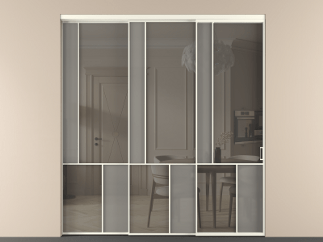 Перегородка Мозаик внутри проёма 3 створки с синхронным механизмом АЛПР 041.20  Алюминий жемчужный Сатинированное серое стекло, триплекс, 6 мм + Прозрачное серое стекло, триплекс Цена 2949760 AMD | Volhovec