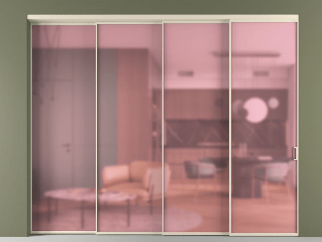 Перегородка Формато внутри проёма 4 створки с синхронным механизмом АЛПР 040.01 Алюминий бежево-серый Сатинированное розовое стекло, триплекс Цена 2916800 AMD | Volhovec