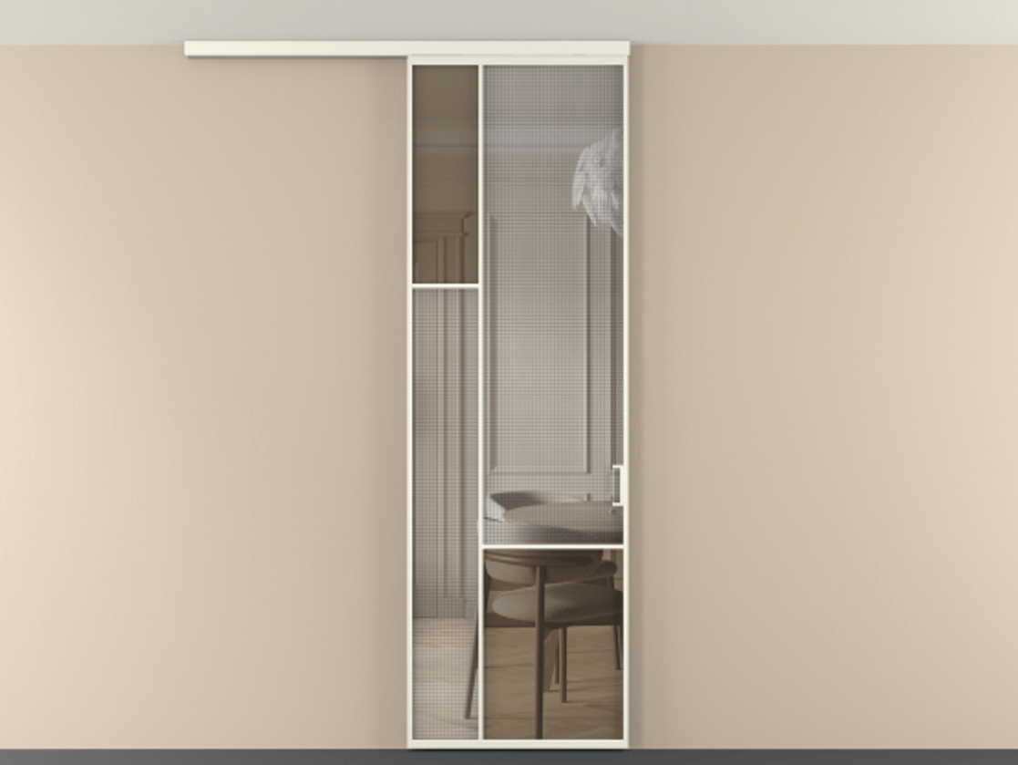 Перегородка Mosaic вдоль стены на потолок 1 створка АЛПР 041.13 Алюминий жемчужный Декоративное стекло с сеткой "Mesh silver", триплекс, 6 мм + Прозрачное бронзовое стекло, триплекс Цена 951170 AMD | Volhovec