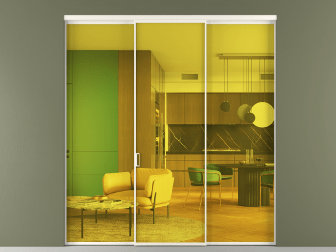 Перегородка Formato внутри проёма 3 створки АЛПР 040.01 Алюминий пудровый белый Прозрачное жёлтое стекло, триплекс Цена 1588800 AMD | Volhovec