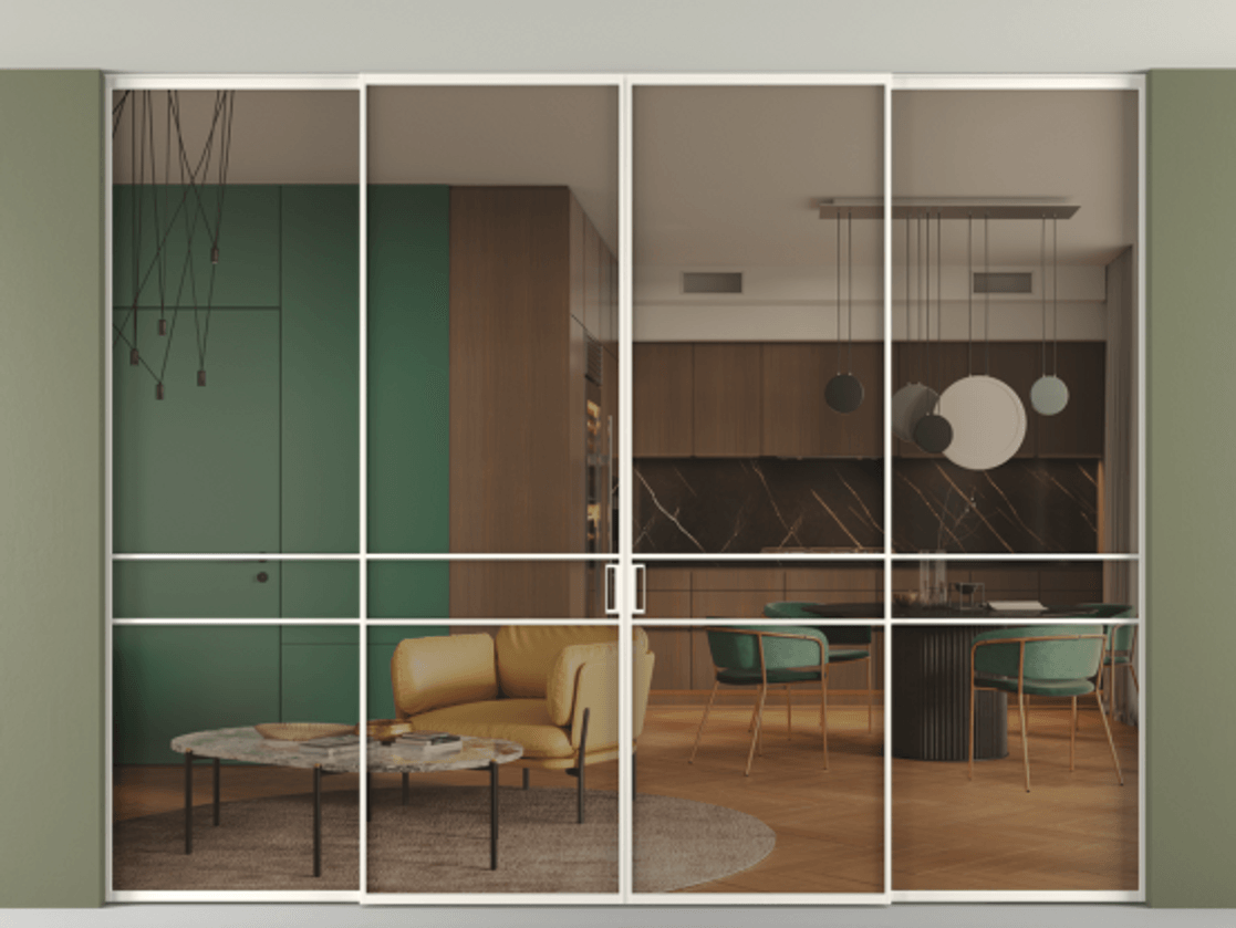 Перегородка Формато внутри проёма скрытое крепление в потолок 4 створки АЛПР 040.02 Алюминий пудровый белый Прозрачное бронзовое стекло, триплекс Цена 2970930 AMD | Volhovec