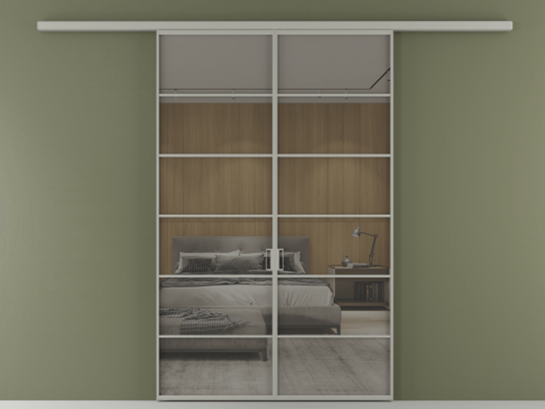 Перегородка Формато вдоль стены 2 створки АЛПР 040.04 Алюминий нейтральный серый Рефлективное серое стекло "Стопсол", калёное Цена 1784460 AMD | Volhovec