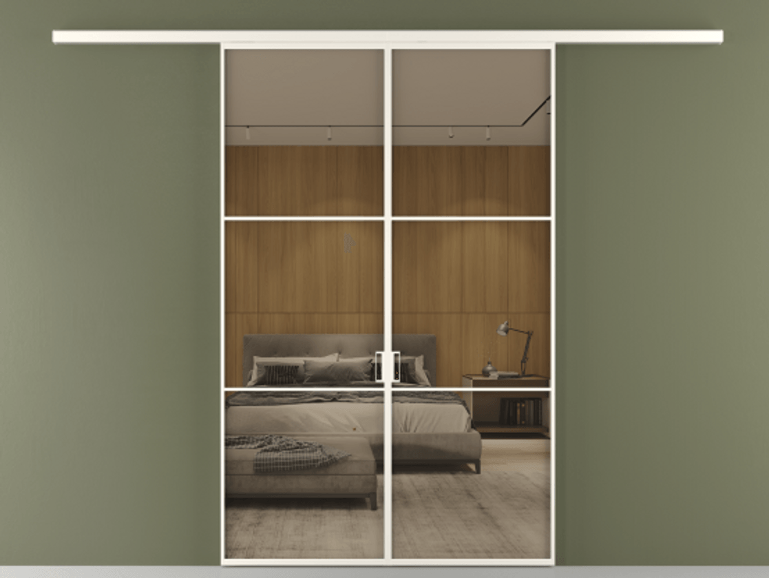 Перегородка Формато вдоль стены 2 створки АЛПР 040.03 Алюминий пудровый белый Рефлективное бронзовое стекло "Стопсол", калёное Цена 1455090 AMD | Volhovec