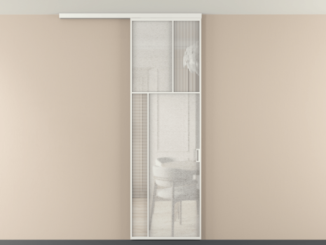 Перегородка Мозаик вдоль стены на потолок 1 створка АЛПР 041.22 Алюминий светло-серый Рифлёное стекло "Дюна", триплекс, 6 мм + Фактурное стекло "Лёд", триплекс Цена 964660 AMD | Volhovec