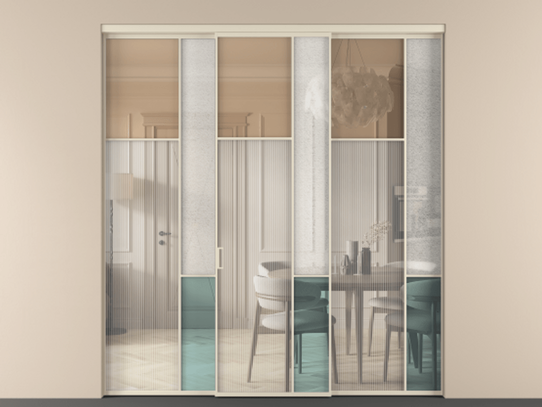 Перегородка Mosaic внутри проёма 3 створки АЛПР 041.10 Алюминий бежево-серый Комбинация стекол Группы 1 и Группы 3 Цена 359390 ₽ | Volhovec